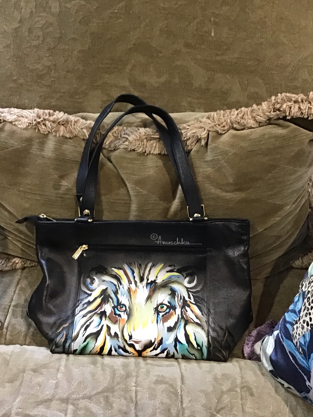 Anuschka Black Leather Tote Lion Pride